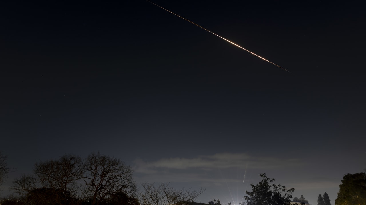 A ballistic missile fired from Iran seen the sky in Northern Israel on March 07, 2026 in Northern Israel.