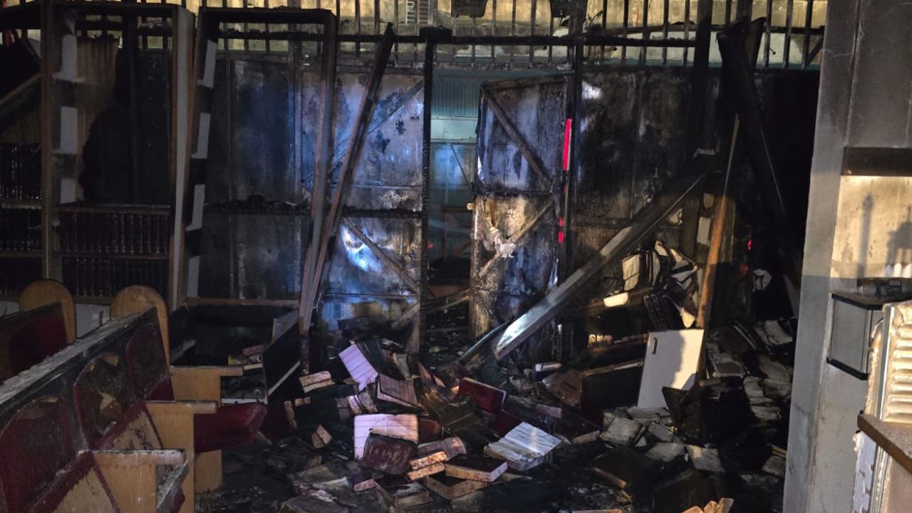 Aftermath of the fire at a synagogue in Ramle on March 14, 2026. (photo credit: ISRAEL POLICE SPOKESPERSON