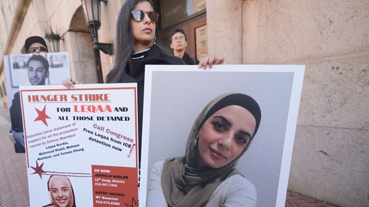 Columbia students, professors, gather in front of the University to rally in support of Mahmoud Khalil, Leqaa Kordia, and the numerous other community members who have been unlawfully detained by ICE, in New York City,  United States, on March 09, 2026.