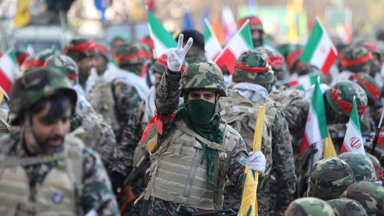 Basij militia members during an anti-Israel march in Tehran, January 2025; illustrative.