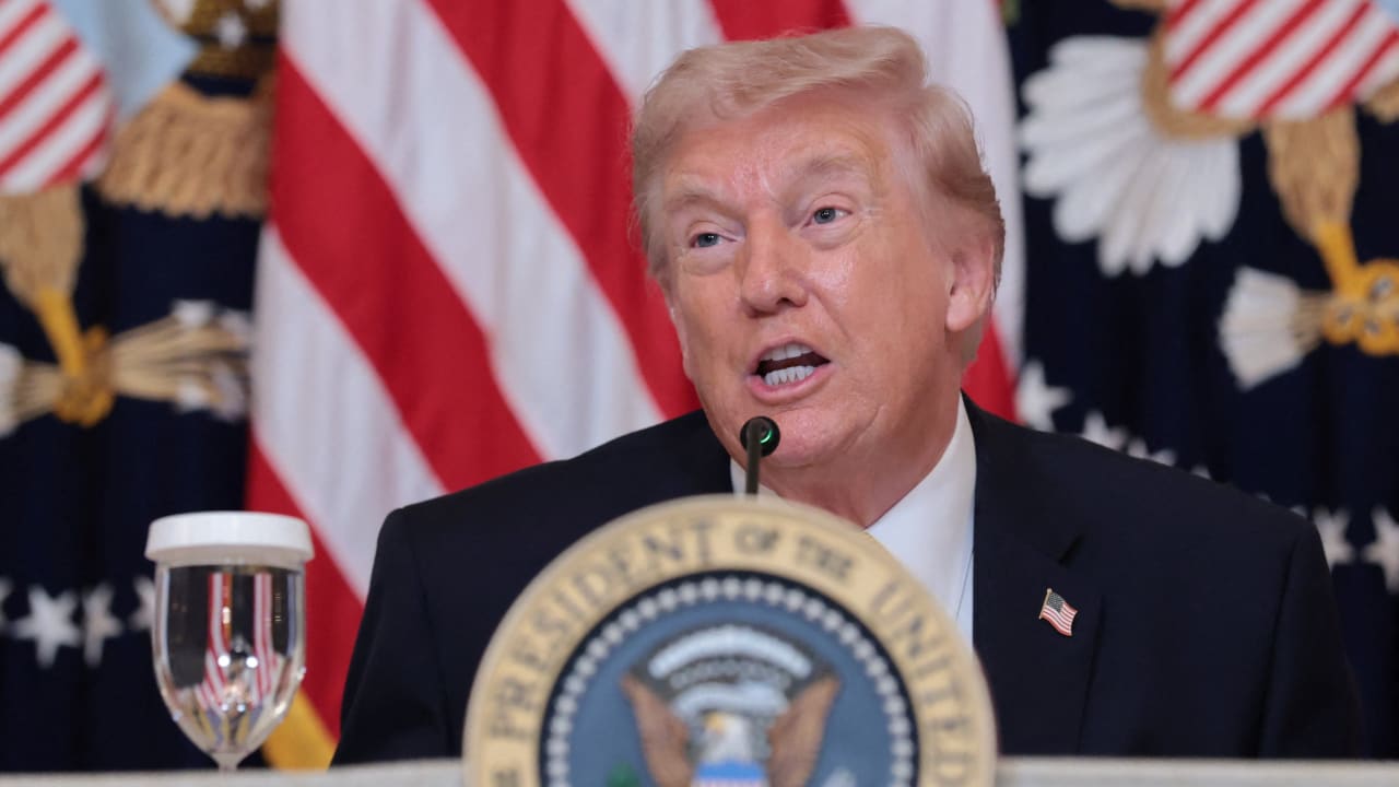 US President Donald Trump speaks during a lunch with the Kennedy Center board members in the East Room of the White House in Washington, DC, US, March 16, 2026. 