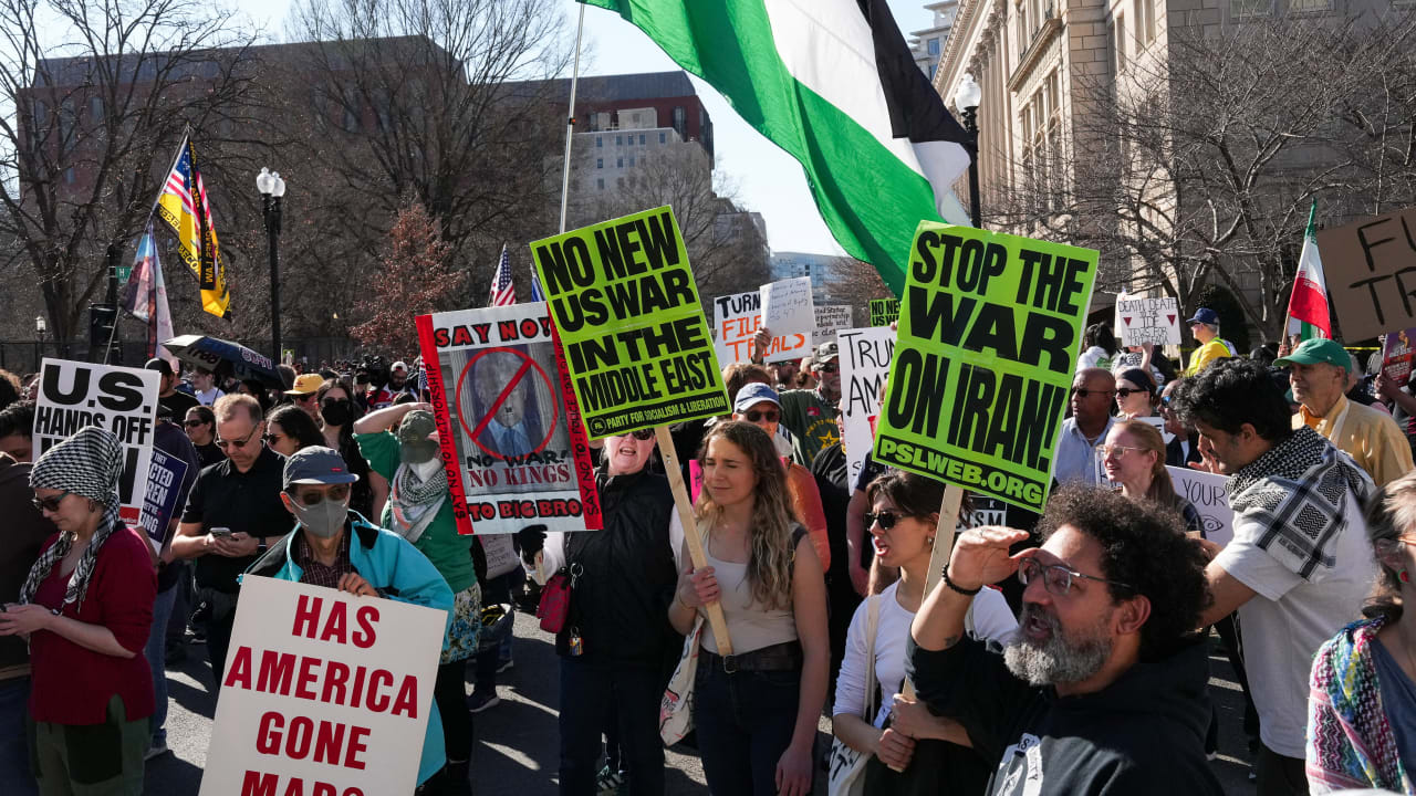 Demonstrators take part in an anti-war with Iran protest rally and march, following strikes by Israel and the U.S. on Iran, in Washington D.C., U.S., February 28, 2026.
