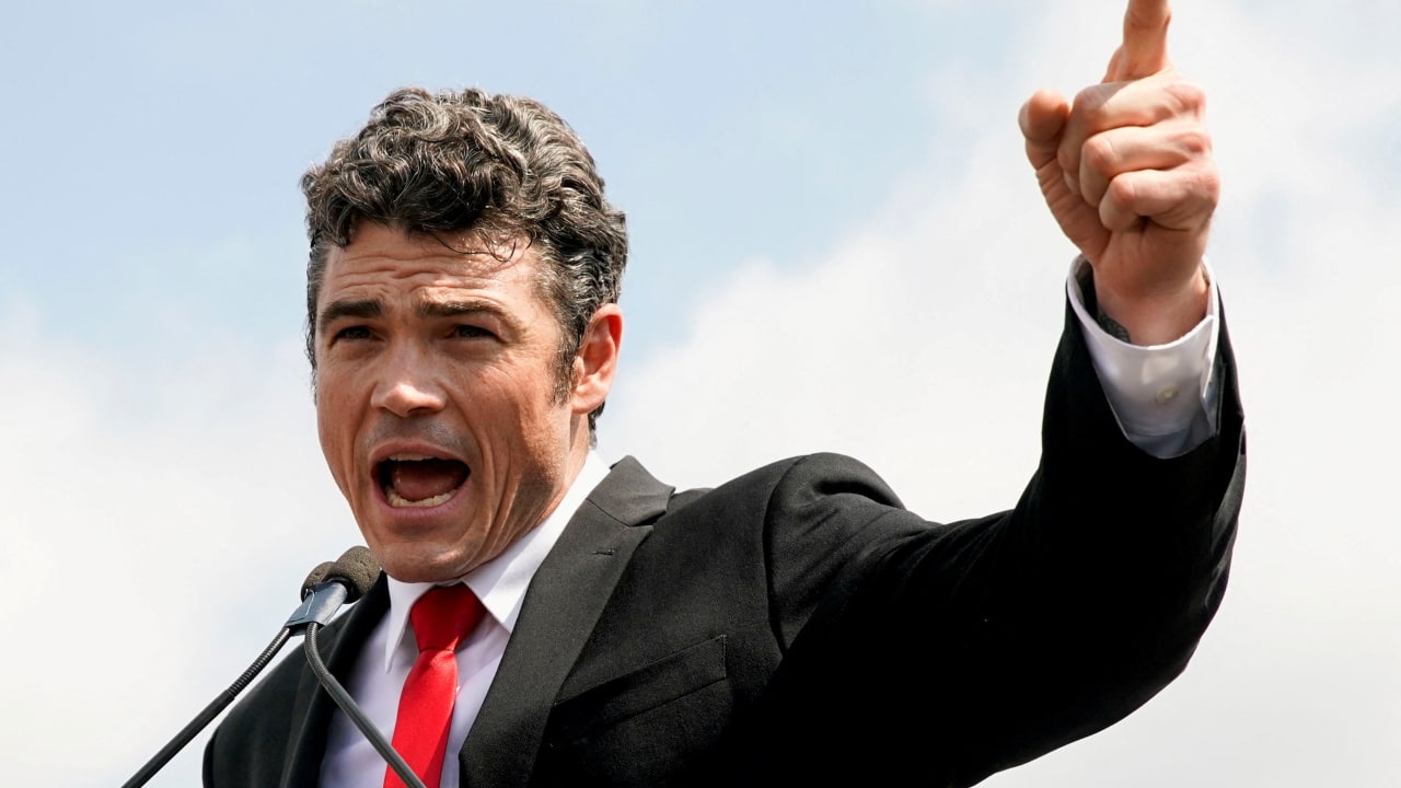 Joe Kent, who is running for Washington's 3rd congressional district, delivers a speech during a rally in support of defendants being prosecuted in the January 6 attack on the Capitol, in Washington, US, September 18, 2021.