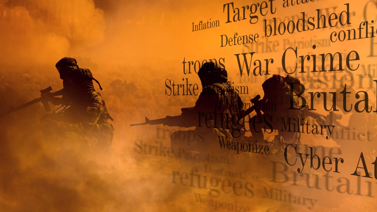 An illustrative image of soldiers against a backdrop of words relating to warfare.