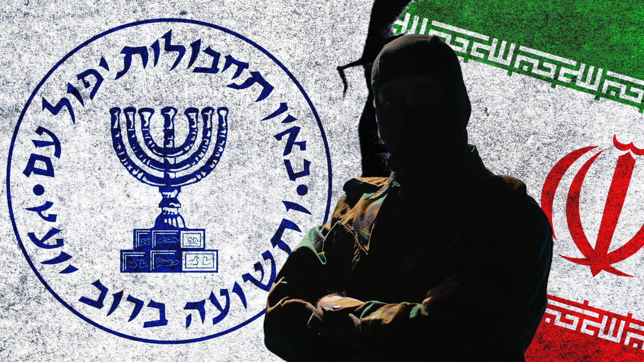 Illustrative image of a Mossad agent standing in front of Mossad vs Iran concept flags on a wall with a crack. (photo credit: Canva, DC Studio/Shutterstock, OnePixelStudio/Shutterstock)