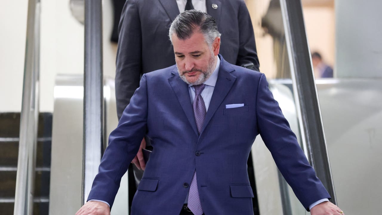 US Senator Ted Cruz (R-TX) moves through the Senate subway during a vote in the US Senate on a bipartisan war powers resolution aiming to stop the military campaign against Iran, on Capitol Hill in Washington, DC, US, March 4, 2026.