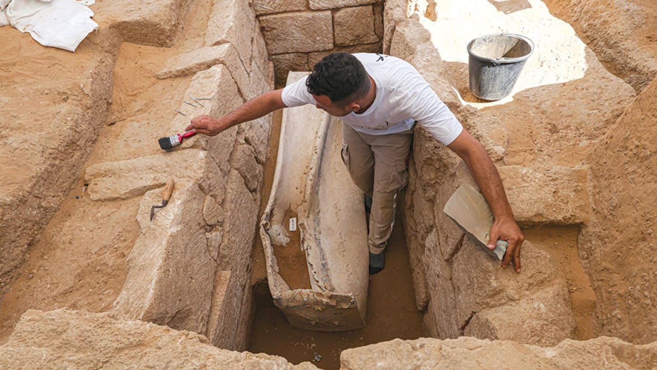 A Palestinian archaeologist works on a lead sarcophagus discovered in Gaza City in early 2022. A common Israeli claim is that Palestinians have ‘no interest’ in antiquities. 