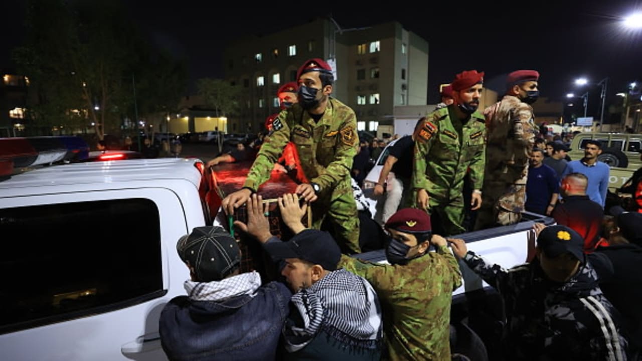 A funeral ceremony is held at Al-Hussein Al-Askari Hospital for members of Popular Mobilization Forces who were killed in an attack in Al Anbar Province near the Syria border in Baghdadi Iraq on March 16, 2026. 