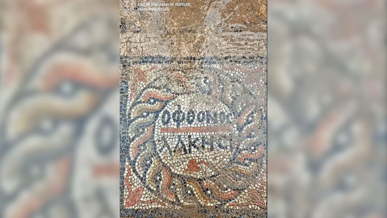 Screengrab of 1,500-year-old mosaic with a Greek inscription found in Turkey, March 25, 2026.