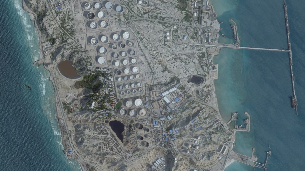 A satellite image shows an oil terminal at Kharg Island, Iran, February 25, 2026. 2026  (photo credit: Planet Labs PBC/Handout via REUTERS)