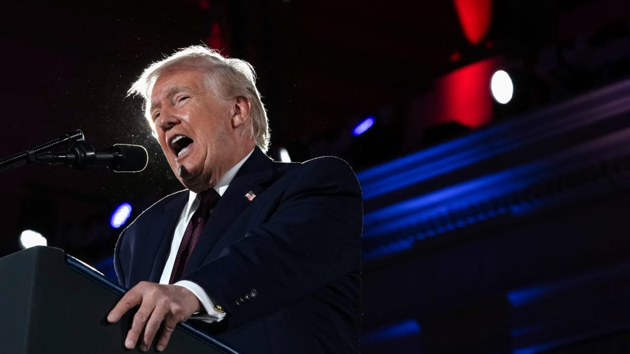US President Donald Trump speaks during the National Republican Congressional Committee (NRCC) annual fundraising dinner in Washington, March 25, 2026.