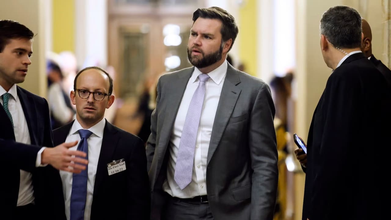 Jacob Reses, second from the left, accompanies JD Vance to a meeting with Senate Republicans at the US Capitol in Washington, DC on Nov. 16, 2022.