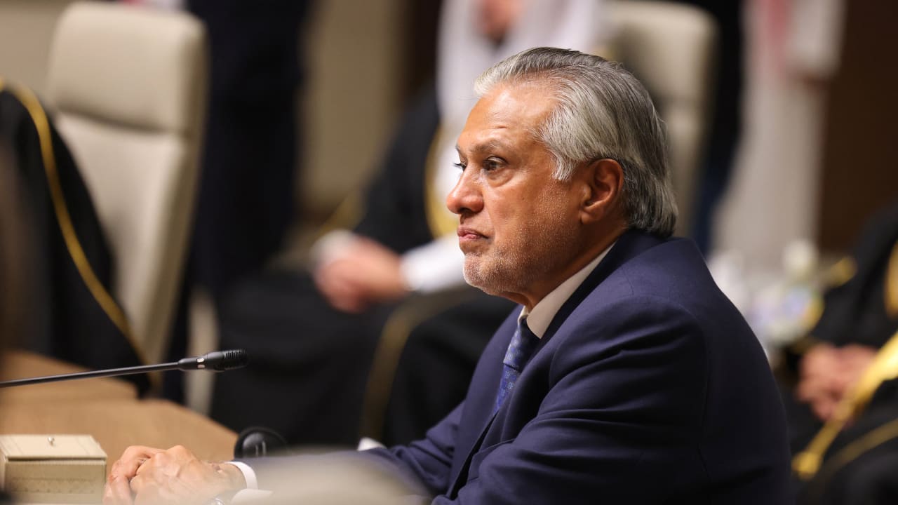 Pakistani Deputy Prime Minister and Foreign Minister Ishaq Dar attends the consultative ministrial meeting in Riyadh, on March 19, 2026. Foreign ministers from Arab and Islamic countries met to discuss the security crisis in the region. 