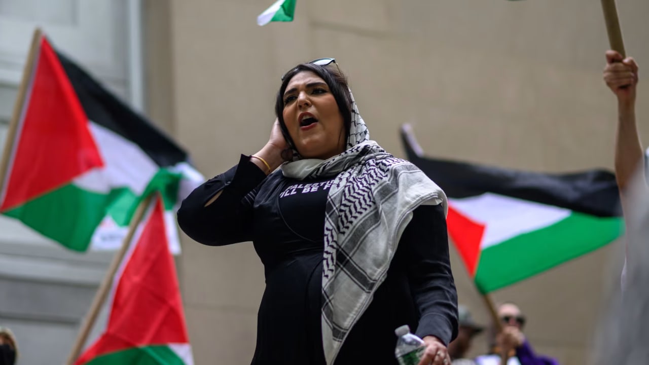 Nerdeen Kiswani speaks during a protest commemorating Nakba Day on May 15, 2025 in the Brooklyn borough of New York City. 