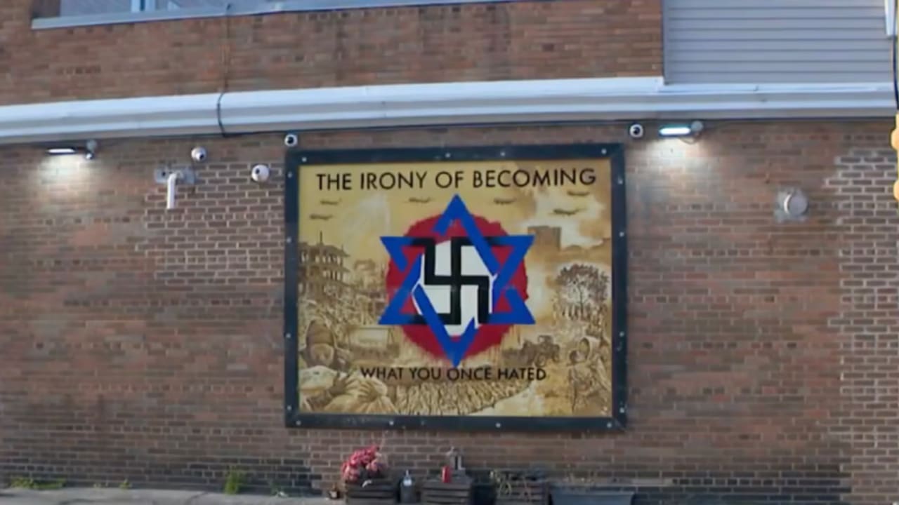 A controversial pro-Palestinian mural in Milwaukee, Wisconsin, depicting a Jewish star turning into a swastika, put up by a Palestinian business owner on Sept. 14, 2024.