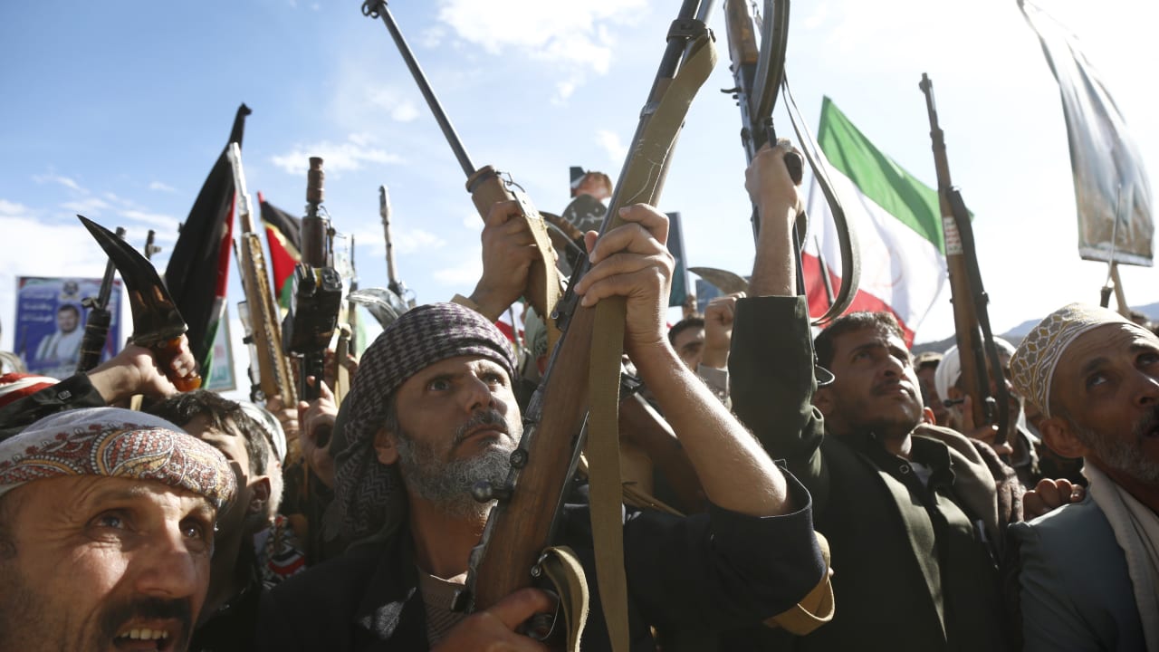 Yemen's Houthi loyalists chant slogans as they participate in a protest staged to show support to Iran against the U.S.-Israel war on March 27, 2026 in Sana'a, Yemen.
