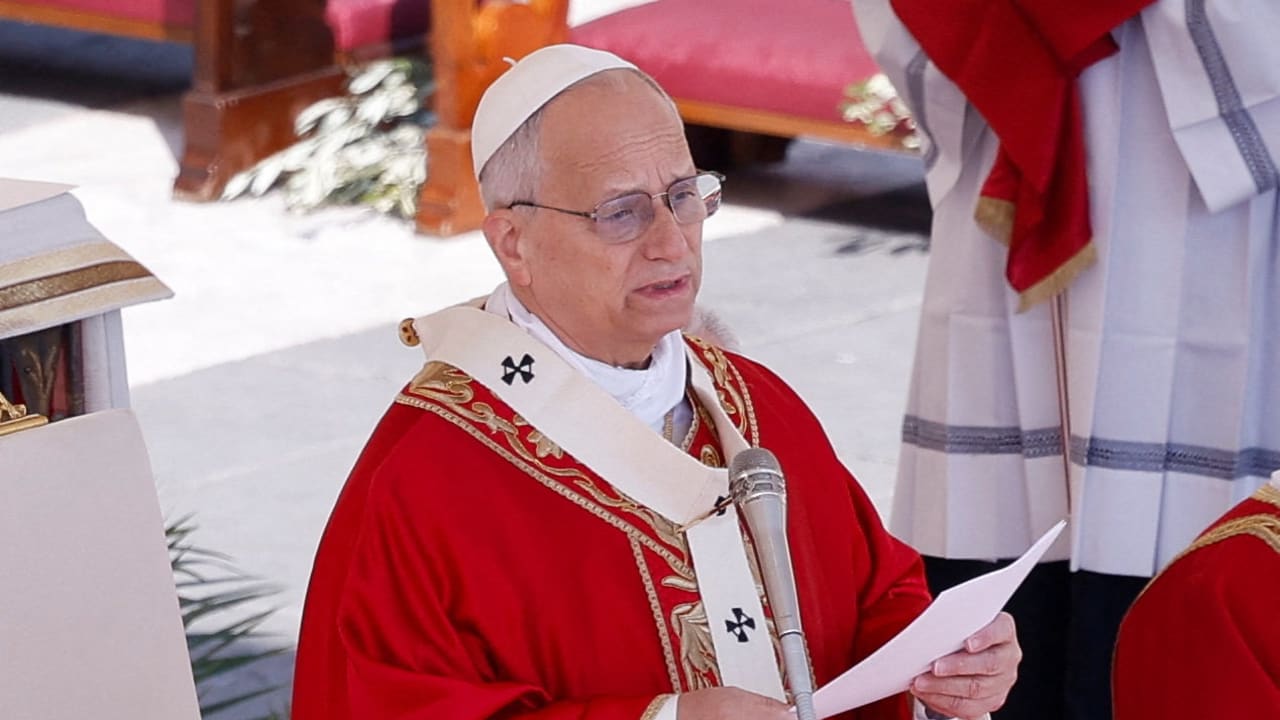Pope Leo XIV delivers a homily during the Palm Sunday Mass in Saint Peter's Square at the Vatican, March 29, 2026.