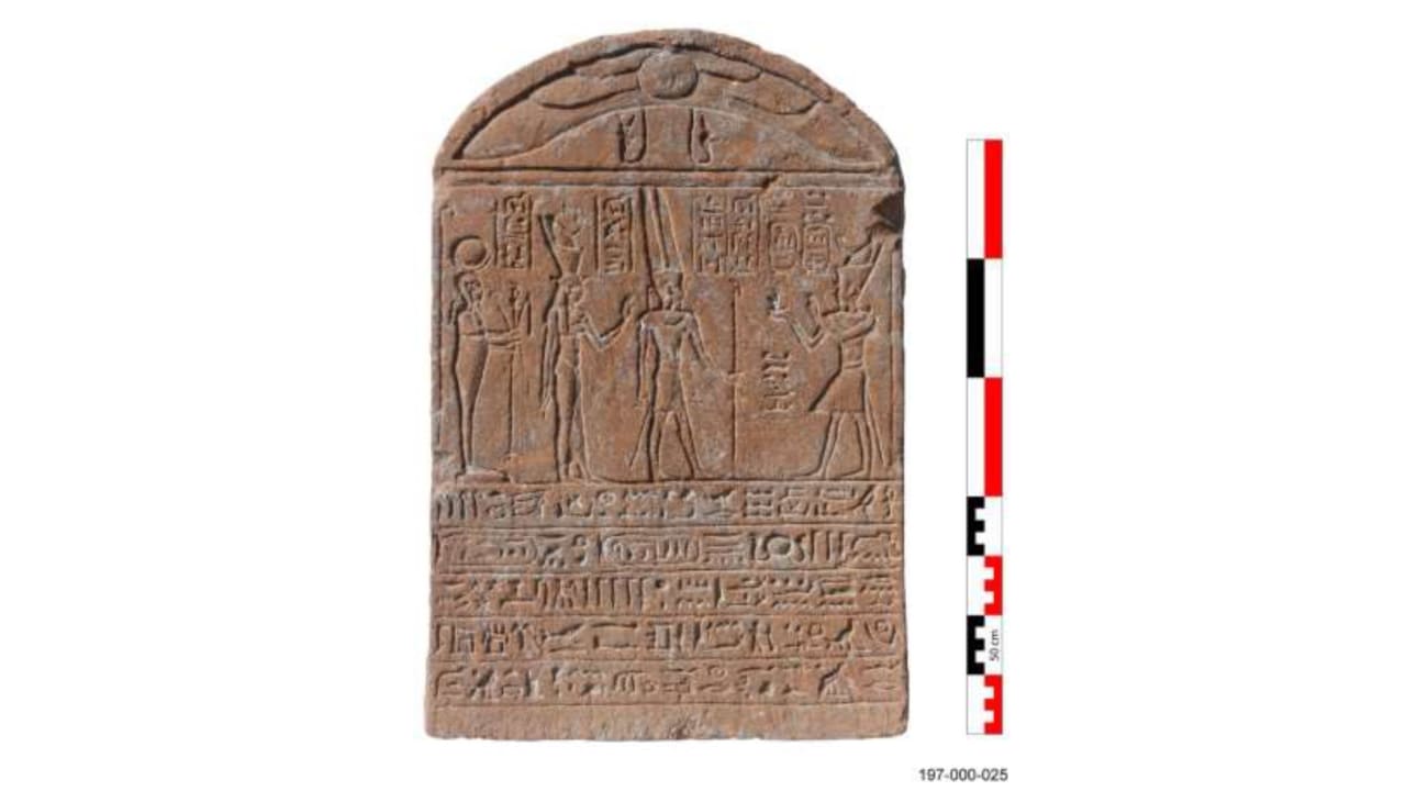 Stele depicting Roman Emperor Tiberius standing before the Theban triad of the ancient Egyptian gods found near the Karnak Temple Complex, March 30, 2026.