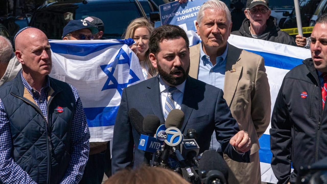 Rep. Mike Lawler, a New York Republican, speaks during a press conference outside of Columbia University on April 22, 2024 in New York City.