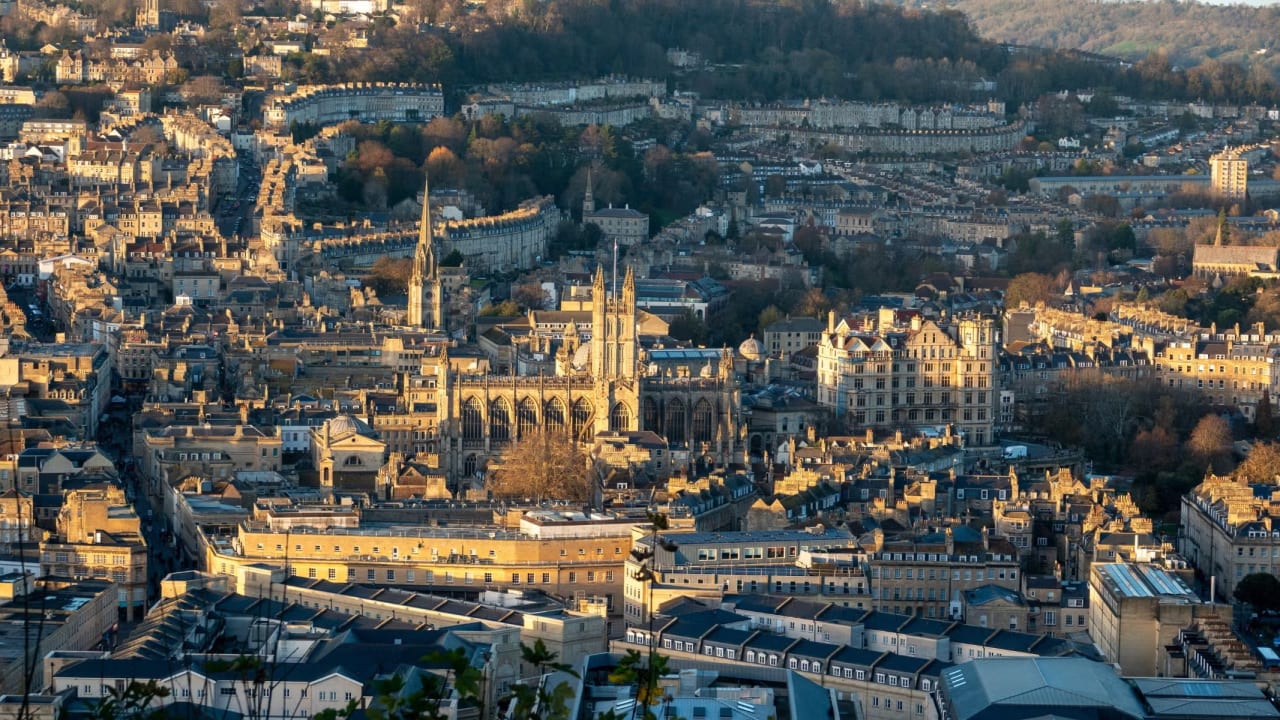 A bird's eye view of the ancient Roman city of Bath, England. 