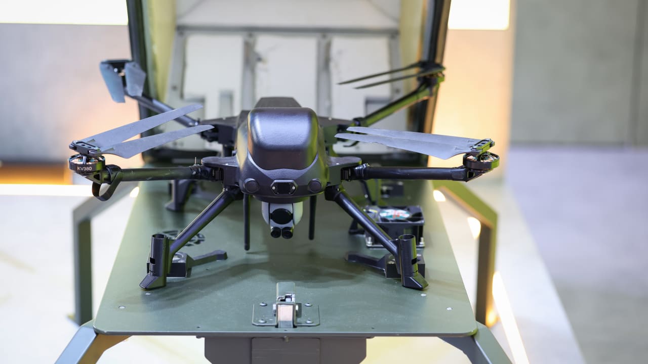 A Thor, a VTOL-UAV (Vertical Take-Off and Landing) drone is seen on display at the Elbit-Systems stand at the XPONENTIAL Europe autonomous systems and robotics trade fair on March 26, 2026 in Dusseldorf, Germany.
