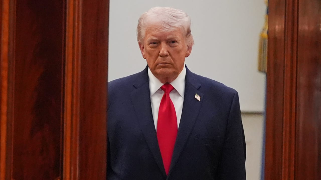 US President Donald Trump arrives to speak in the Cross Hall of the White House on April 1, 2026 in Washington, DC.