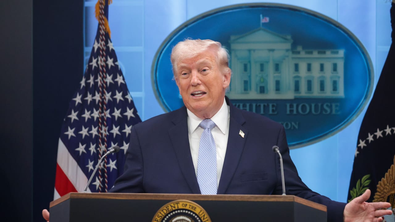 US President Donald Trump speaks during a news conference in James S. Brady Press Briefing Room of the White House in Washington DC on April 06, 2026.