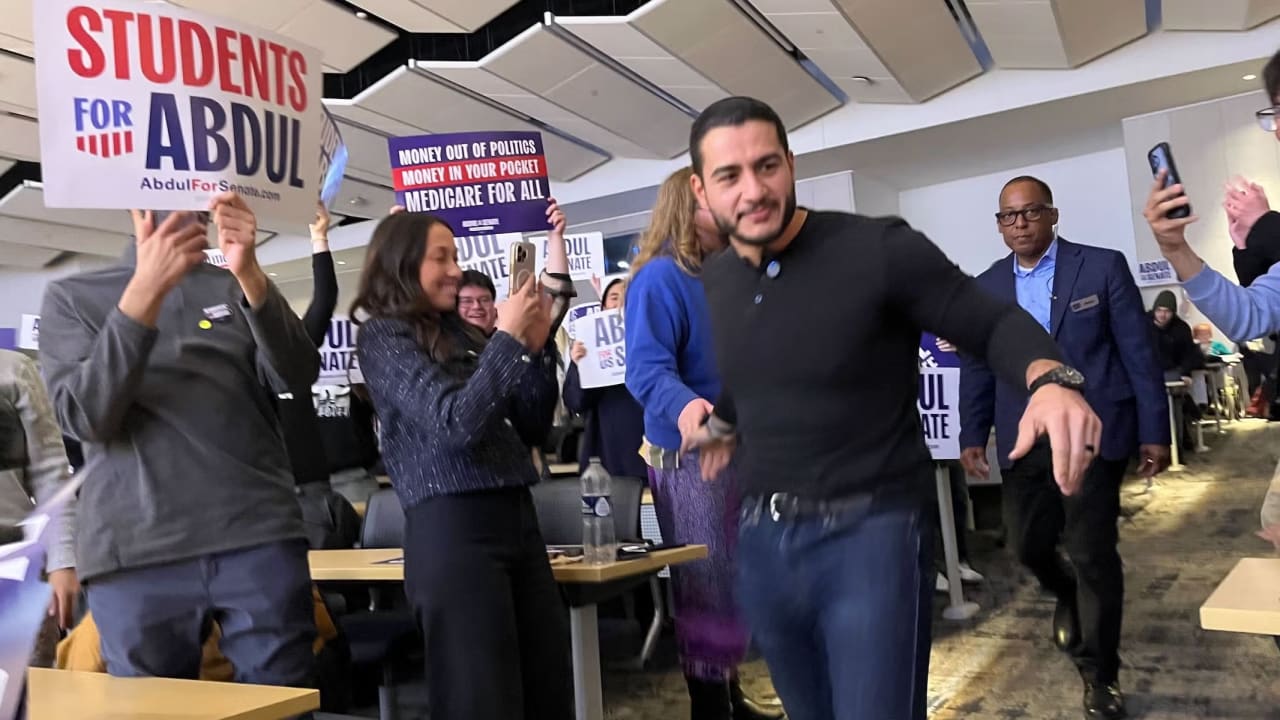 Michigan U.S. Senate candidate Abdul el-Sayed greets supporters at a rally in Ann Arbor, Michigan, April 7, 2026. The rally also featured Twitch streamer Hasan Piker, who has been accused of antisemitism.