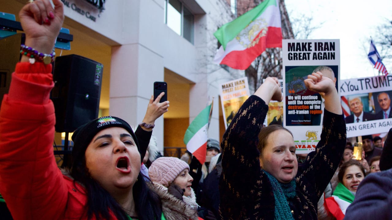 Iranian protesters gather during a demonstration organized by diaspora groups calling for political change in Iran and responding to appeals by opposition figures, outside the Iranian Interests Section in Washington, DC, on March 17, 2026.