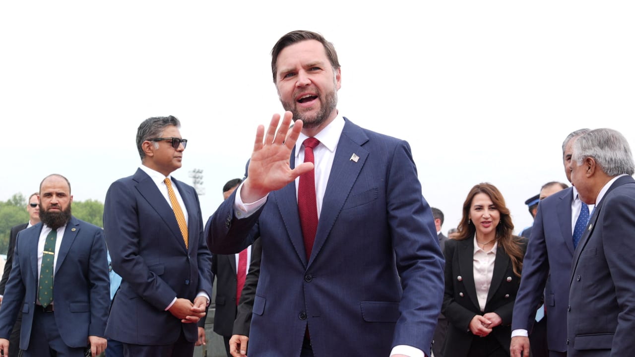 US Vice President JD Vance waves after arriving for talks with Iranian officials in Islamabad, Pakistan, Saturday, April 11, 2026.