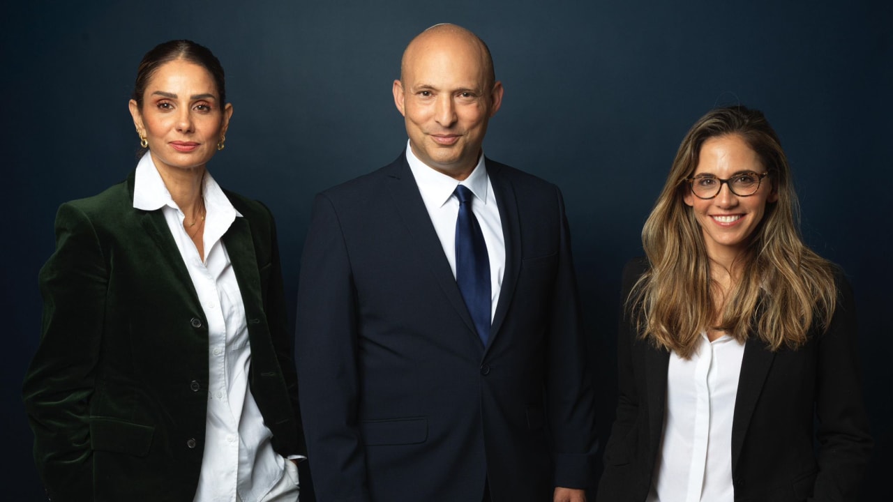 Former prime minister Naftali Bennett and  former government directors-general Keren Terner and Liran Avisar Ben Horin, April 12, 2026.