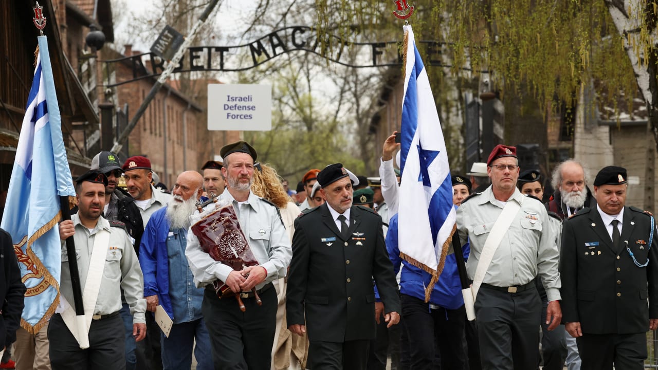 IDF officers take part in the annual international March of the Living through the grounds of the former Auschwitz death camp, in Oswiecim, Poland, April 14, 2026