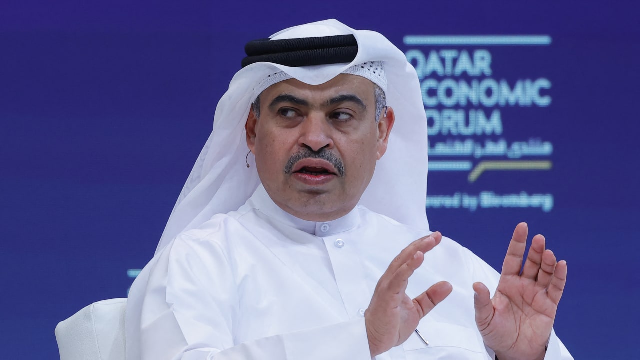Qatar's Finance Minister Ali bin Ahmed Al Kuwari speaks during a session in the Qatar Economic Forum in Doha on May 20, 2025.