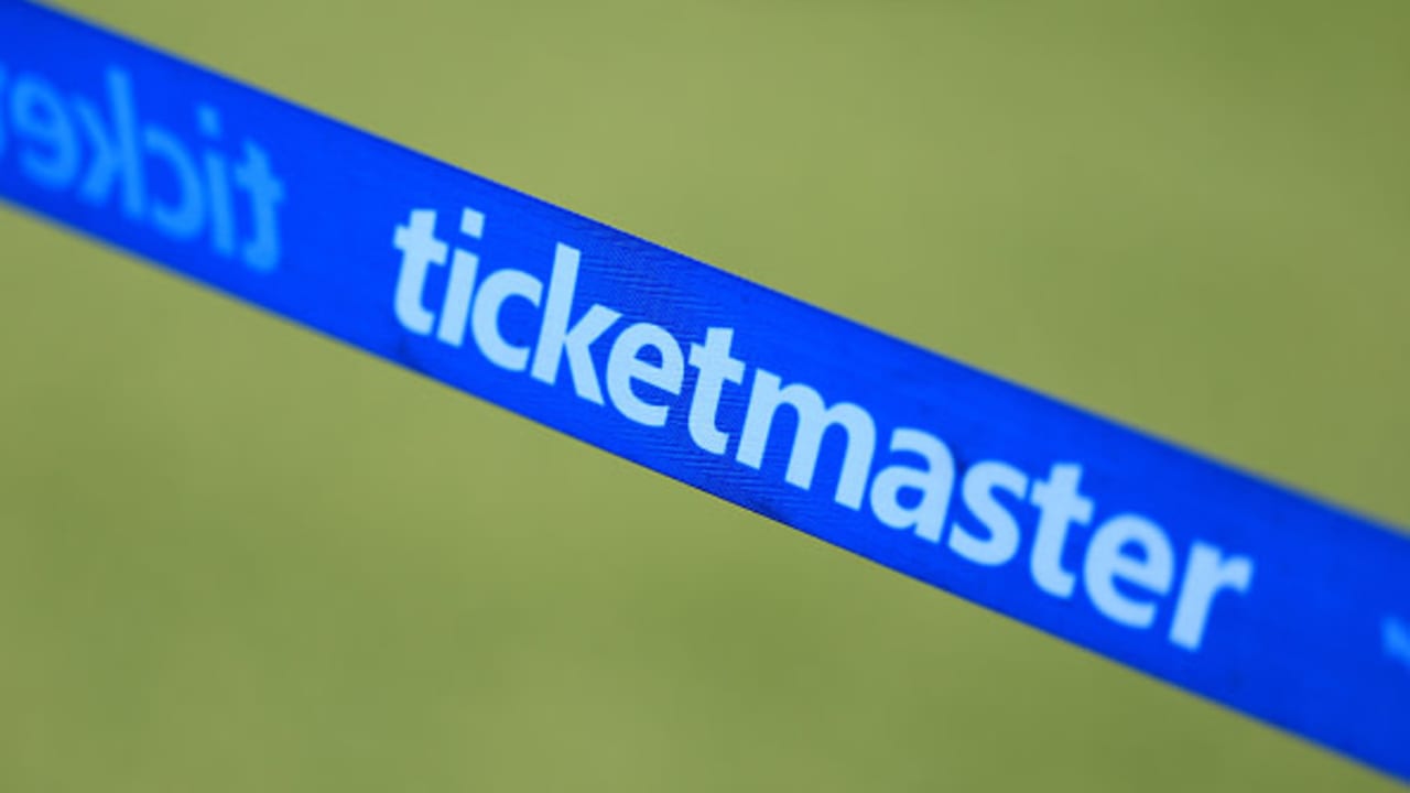 A general view of the Ticketmaster stanchion rope on the field during the NFL 2025 game between Los Angeles Chargers and Jacksonville Jaguars at EverBank Stadium on November 16, 2025 in Jacksonville, Florida.