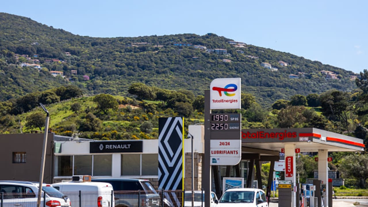 Fuel price display at a Total Energies service station illustrating rising energy prices amid geopolitical tensions in the Middle East in Propriano South Corsica France on April 20, 2026.