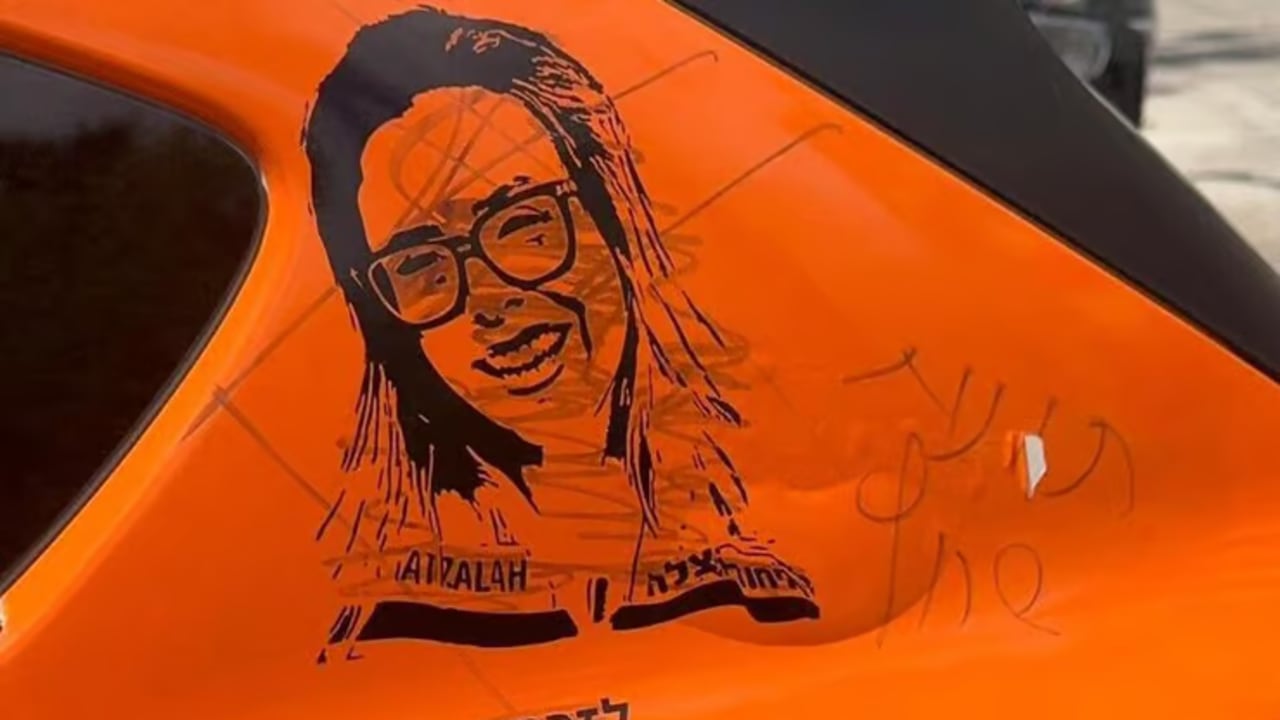 The defaced image of Ronit Elimelech that was vandalized on a Hatzalah vehicle in Ramat Beit Shemesh Bet by a haredi extremist in April 2026.