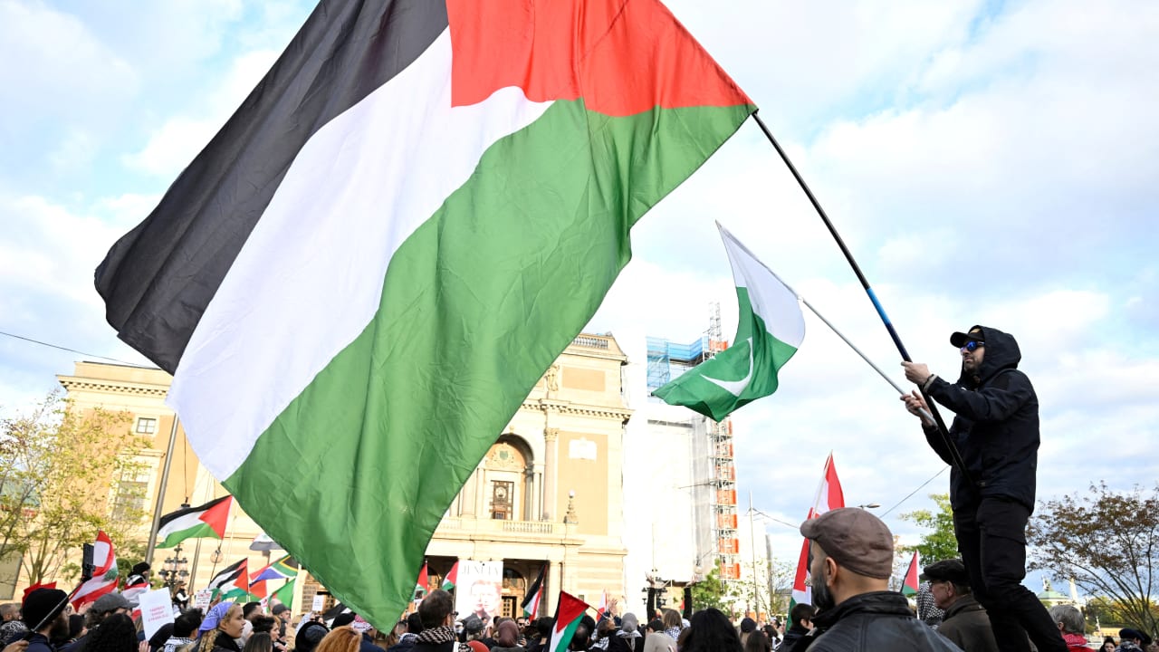 A demonstration in support of Palestine and Lebanon marches through Stockholm to Gustav Adolfs Torg, Sweden October 5.