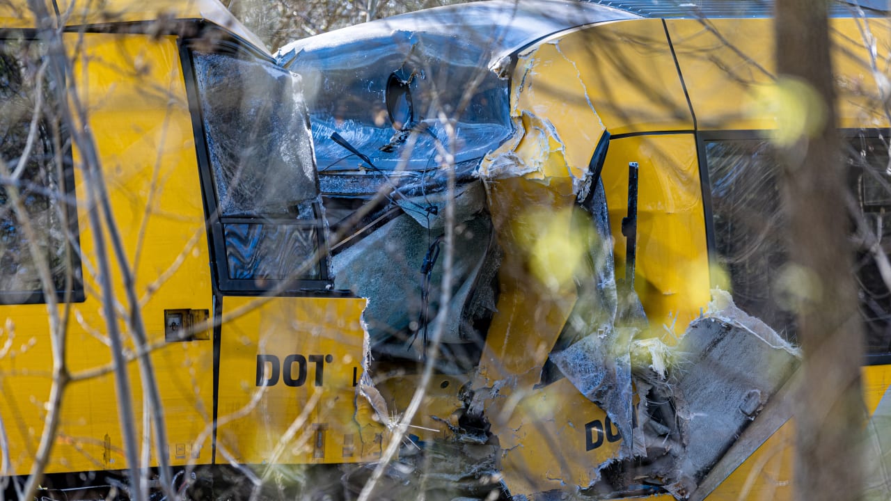 This photograph shows two trains that collided between the towns of Hillerod and Kagerup, north of Copenhagen, leaving many injured, on April 23, 2026. 