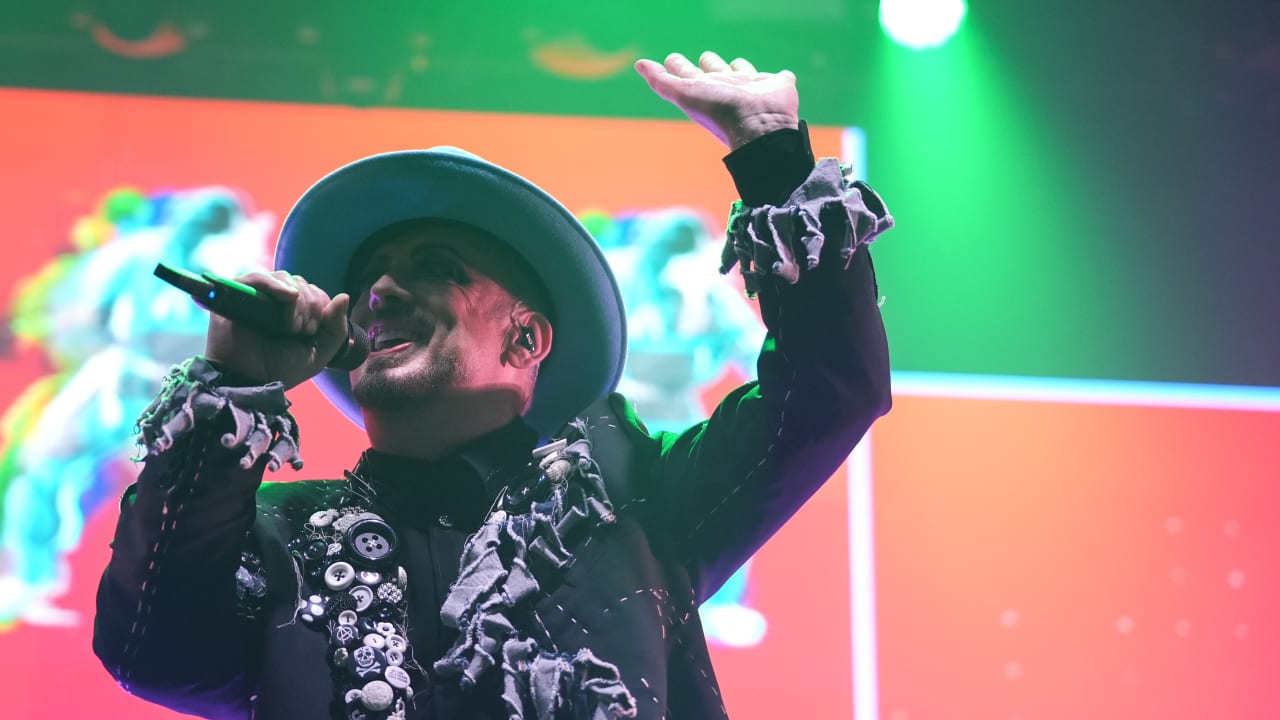 Boy George, who will represent San Marino at the Eurovision song contest performs during the London Eurovision Party 2026 at Outernet London on April 19, 2026 in London, England.