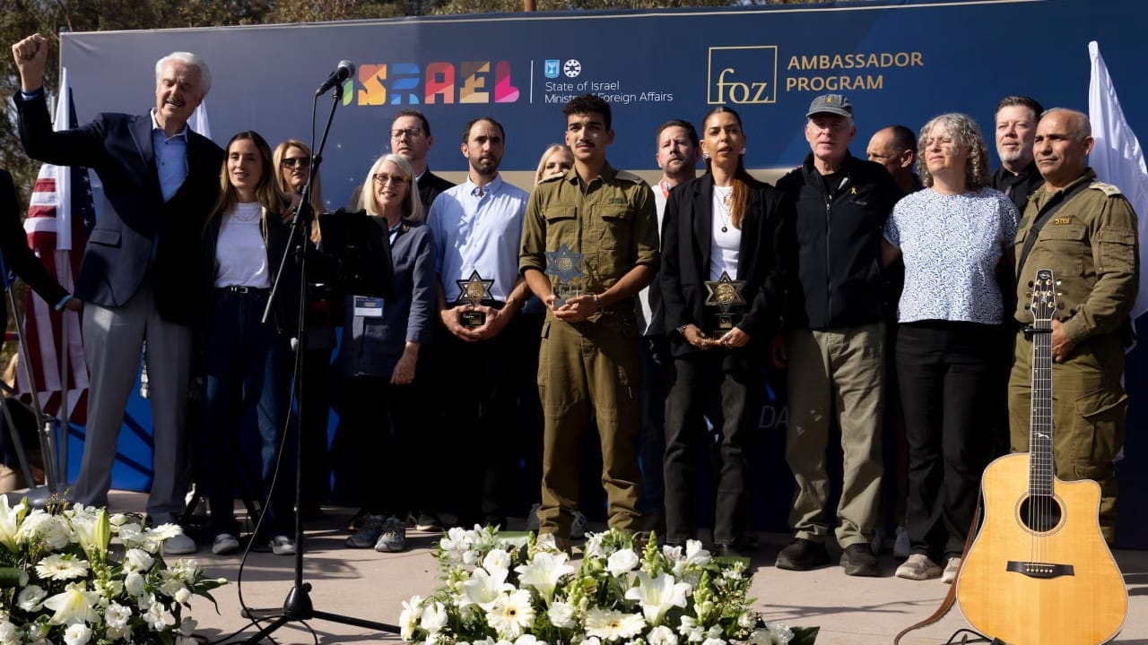 Pastor Mike Evans of the Friends of Zion Heritage Center speaks to more than 1,000 Christian  influencers on a delegation organized by his group and the Israeli Foreign Ministry, Dec. 3, 2025.