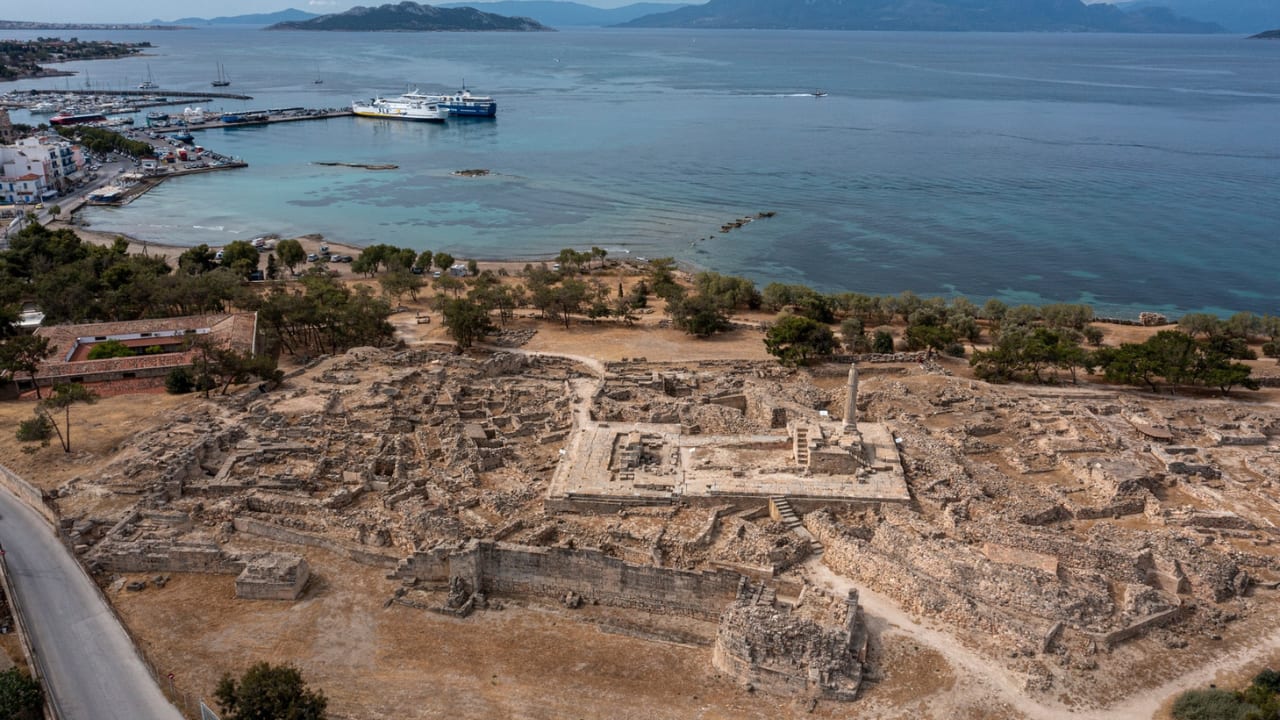 Aerial photograph of the archaeological site of Kolona on Aegina, Greece, April 22, 2026.