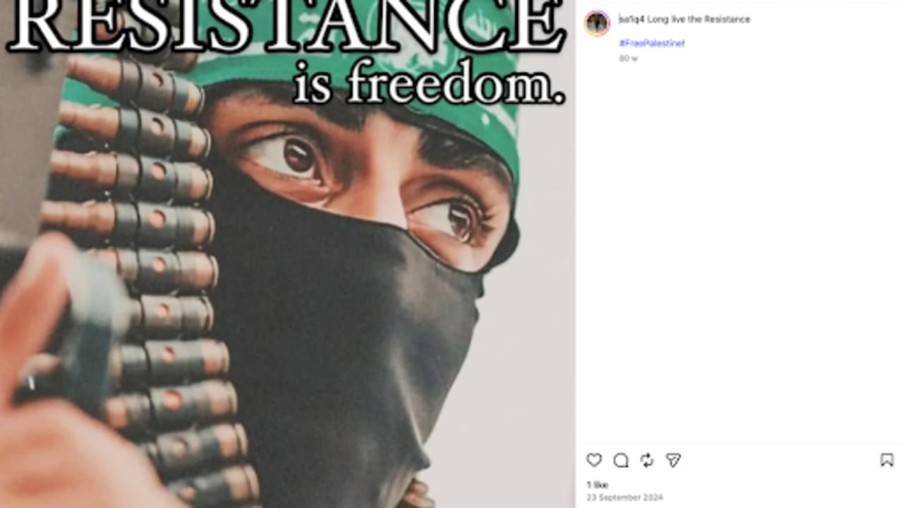A post from Saiqa Ali's Instagram posted during September 2024 with a picture of an armed Hamas fighter with the slogan 'Resistance is freedom'