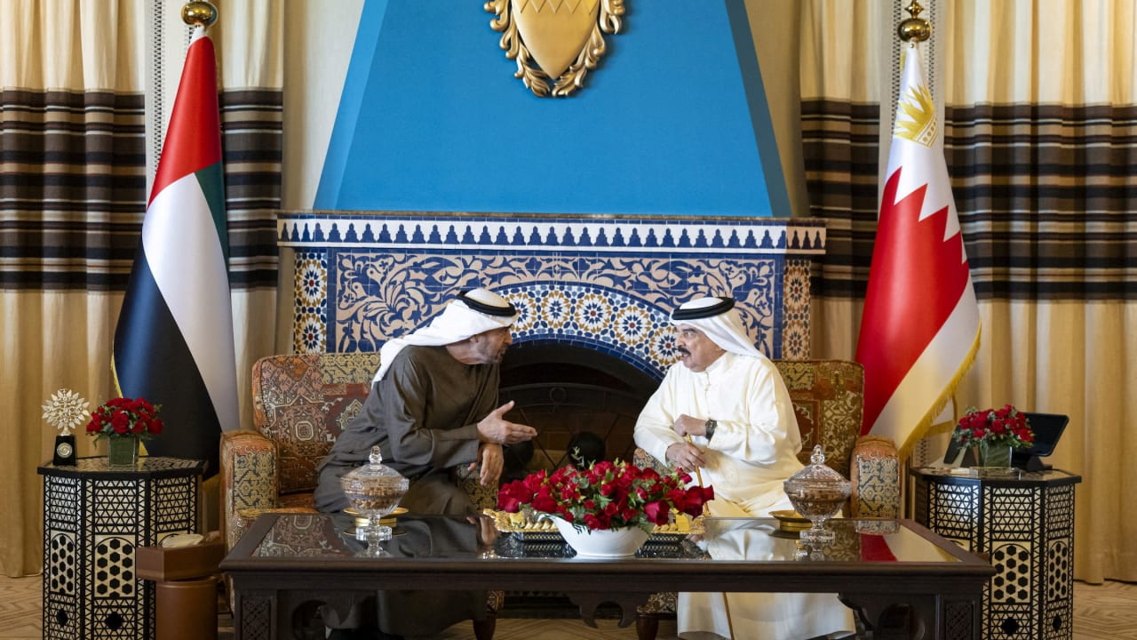 Sheikh Mohamed bin Zayed Al Nahyan, President of the United Arab Emirates, meets with King of Bahrain, Hamad bin Isa Al Khalifa, in Bahrain, in this undated handout image.