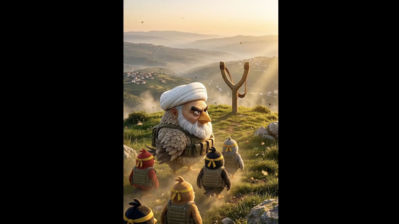 A screenshot of the LBC animation of Naim Qassem and Hezbollah elements inspired by the Angry Birds game.