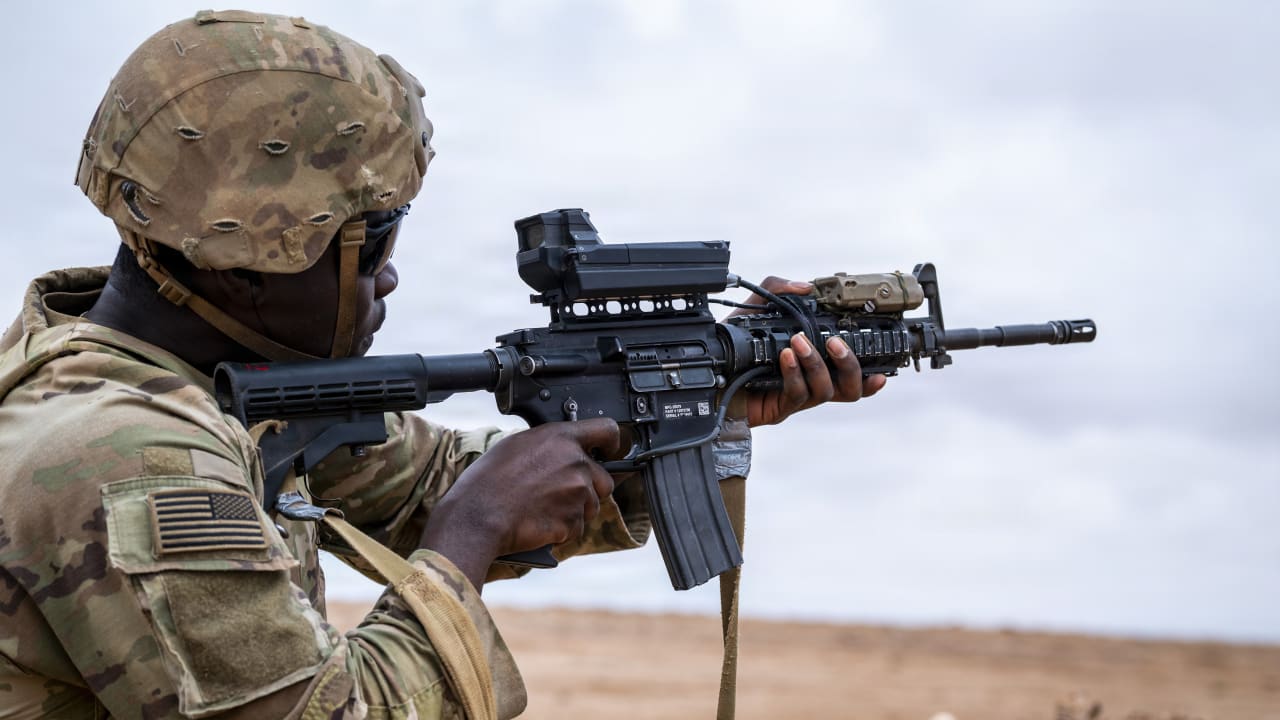 A US soldier takes part in African Lion 2026 joint military exercise in Morocco; illustrative.