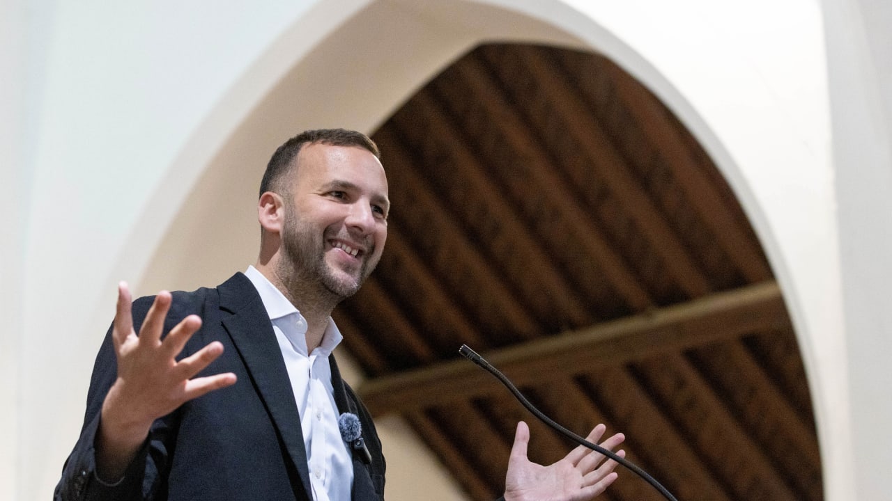 Green Party leader Zack Polanski gives a speech to party supporters at the Church of Saint John the Evangelist on May 2, 2026 in Cardiff, Wales.