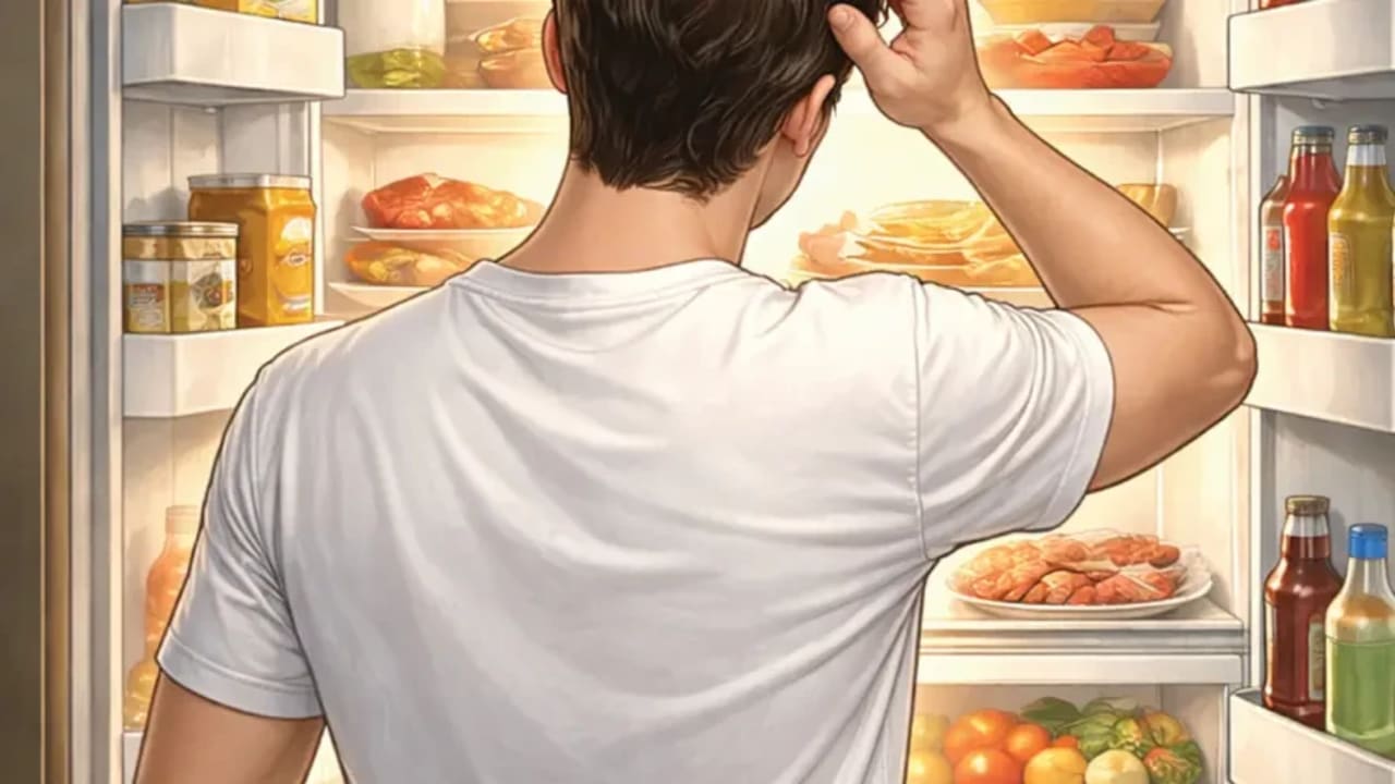 Standing in front of the fridge 