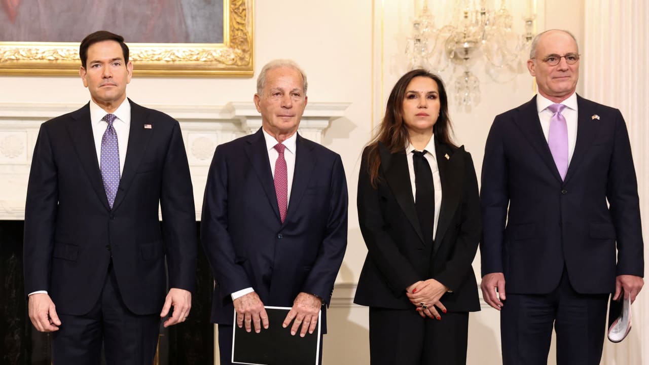 US Secretary of State Marco Rubio, US Ambassador to Lebanon Michel Issa, Lebanon Ambassador to the US Nada Hamadeh Moawad and Israel Ambassador to the US Yechiel Leiter pose for a photo before their meeting at the State Department in Washington, DC, US, April 14, 2026. 