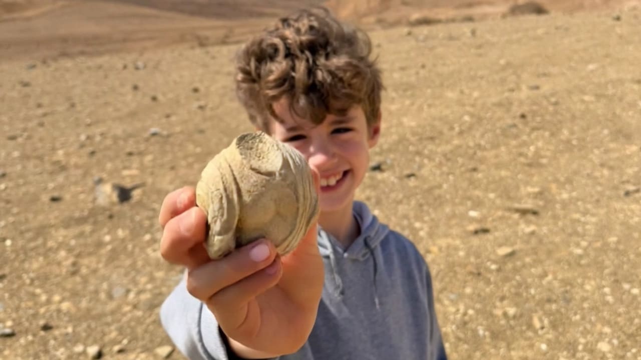 Dor Wolynitz, de ocho años, junto al fragmento de una estatuilla de más de 1700 años de antigüedad que encontró en la zona del cráter Ramon, el 11 de mayo de 2026. 