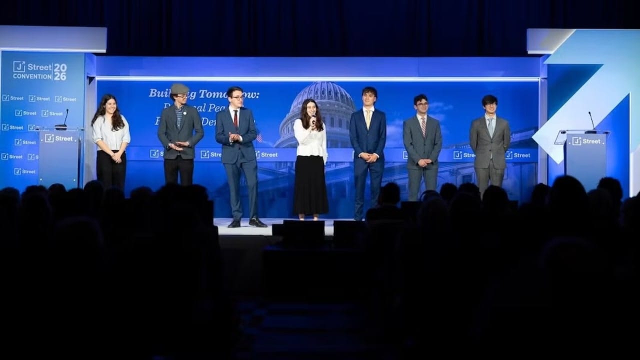 Members of the national board of J Street U, the liberal Zionist group's campus wing, speak at their 2026 convention in Washington, D.C. 